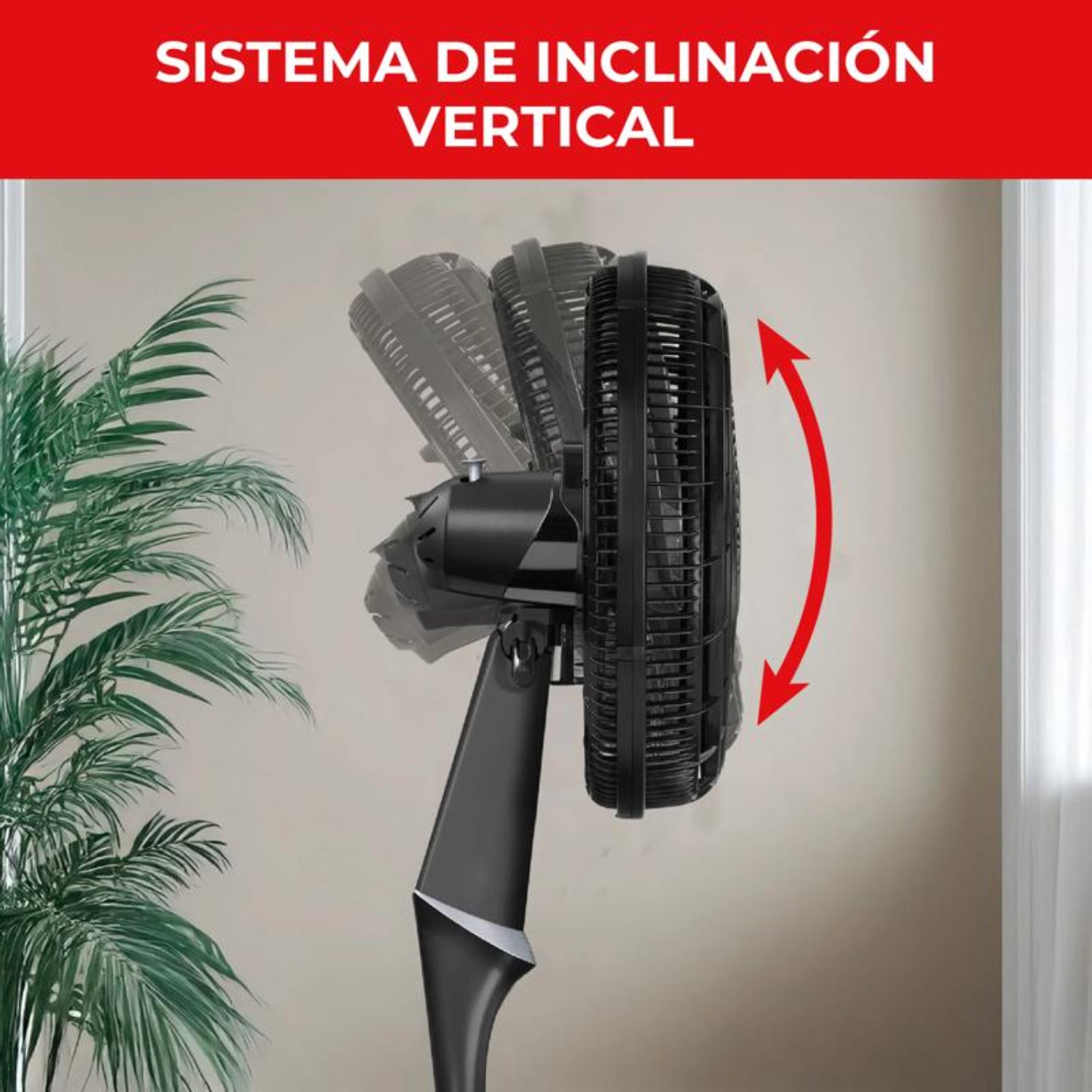 Ventilador silencioso negro con sistema de inclinación vertical en habitación
