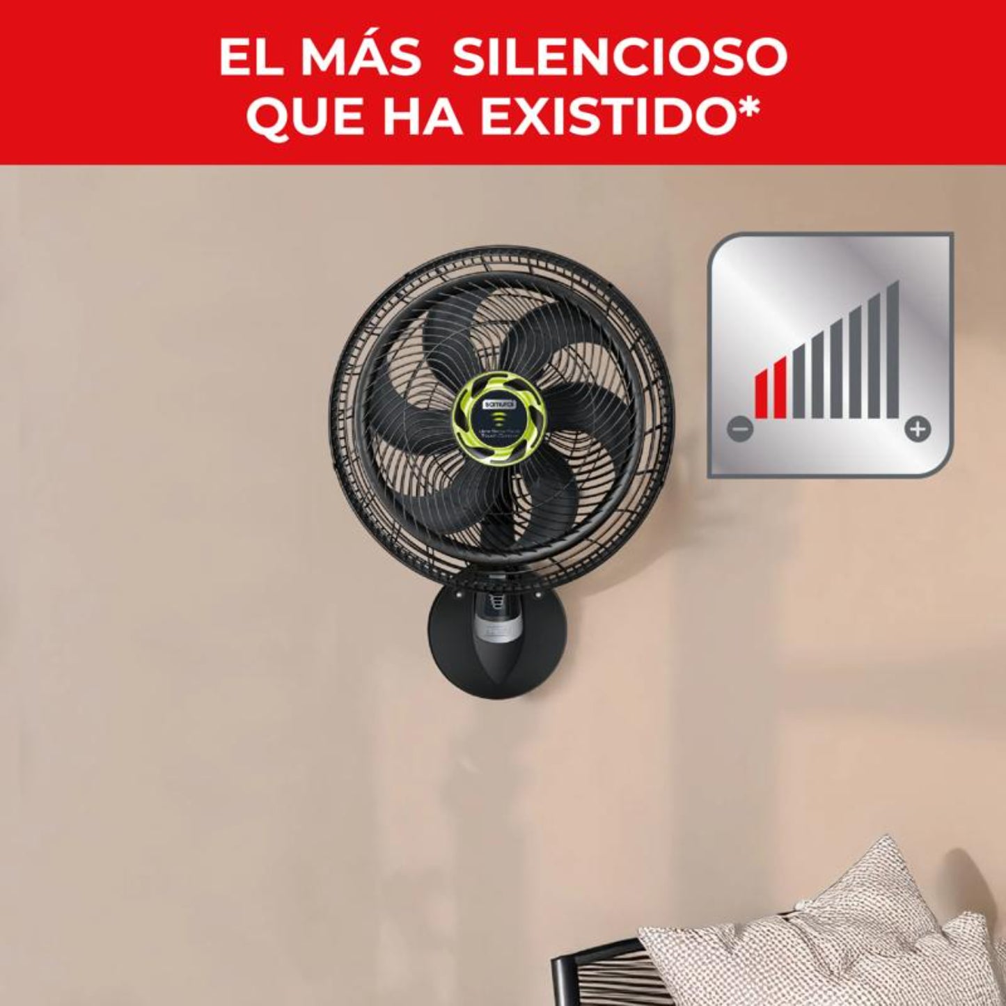 ventilador silencioso negro montado en la pared, sala de estar