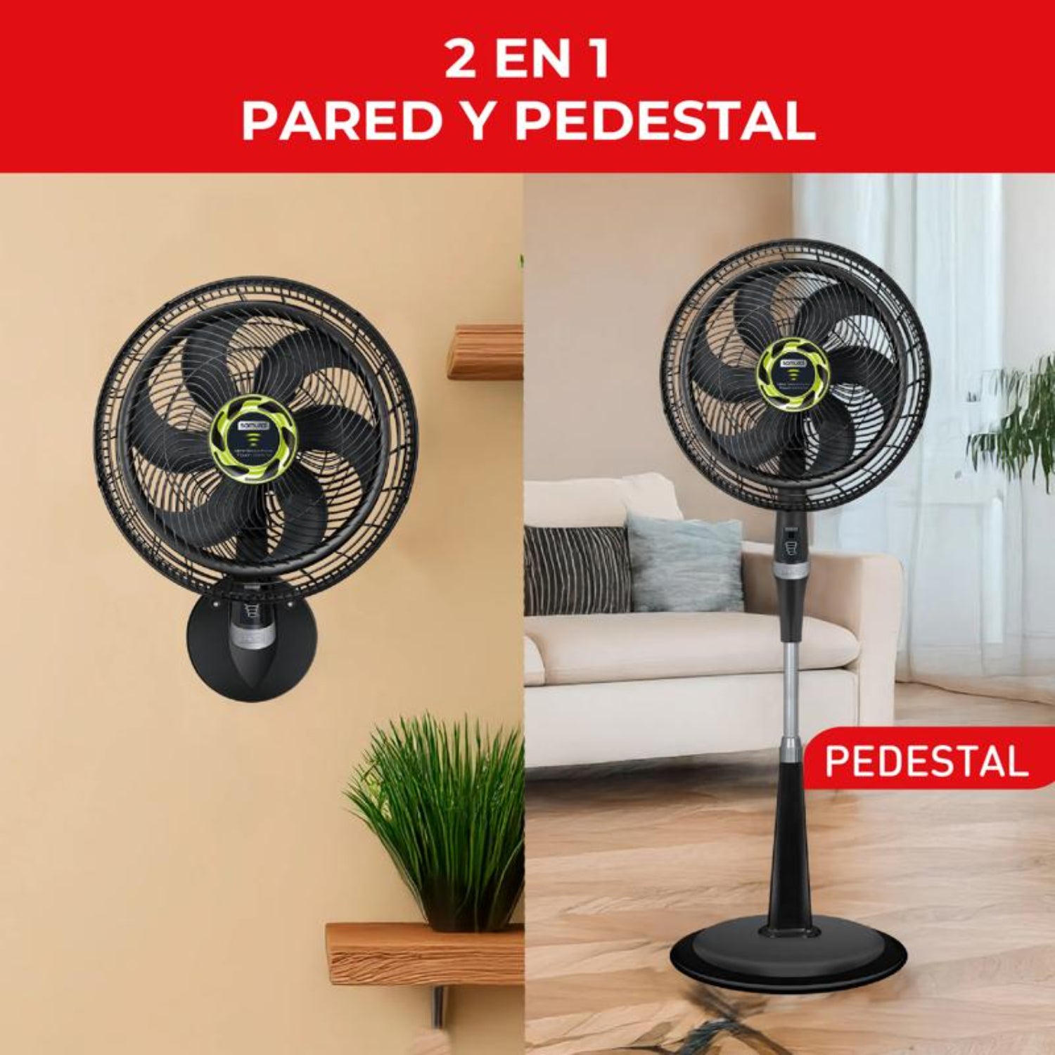 Ventilador silencioso 2 en 1, pared y pedestal, color negro en sala