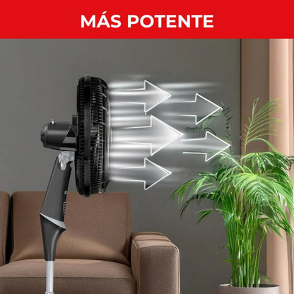 Ventilador silencioso negro lateral, aire fresco en sala de estar