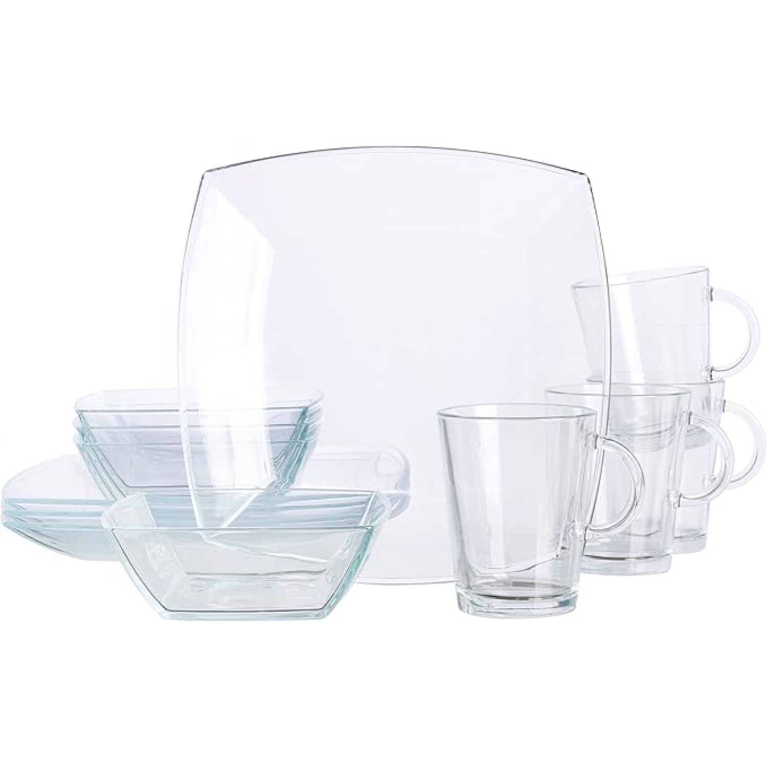 juego de vidrio transparente, platos y tazas, cocina moderna