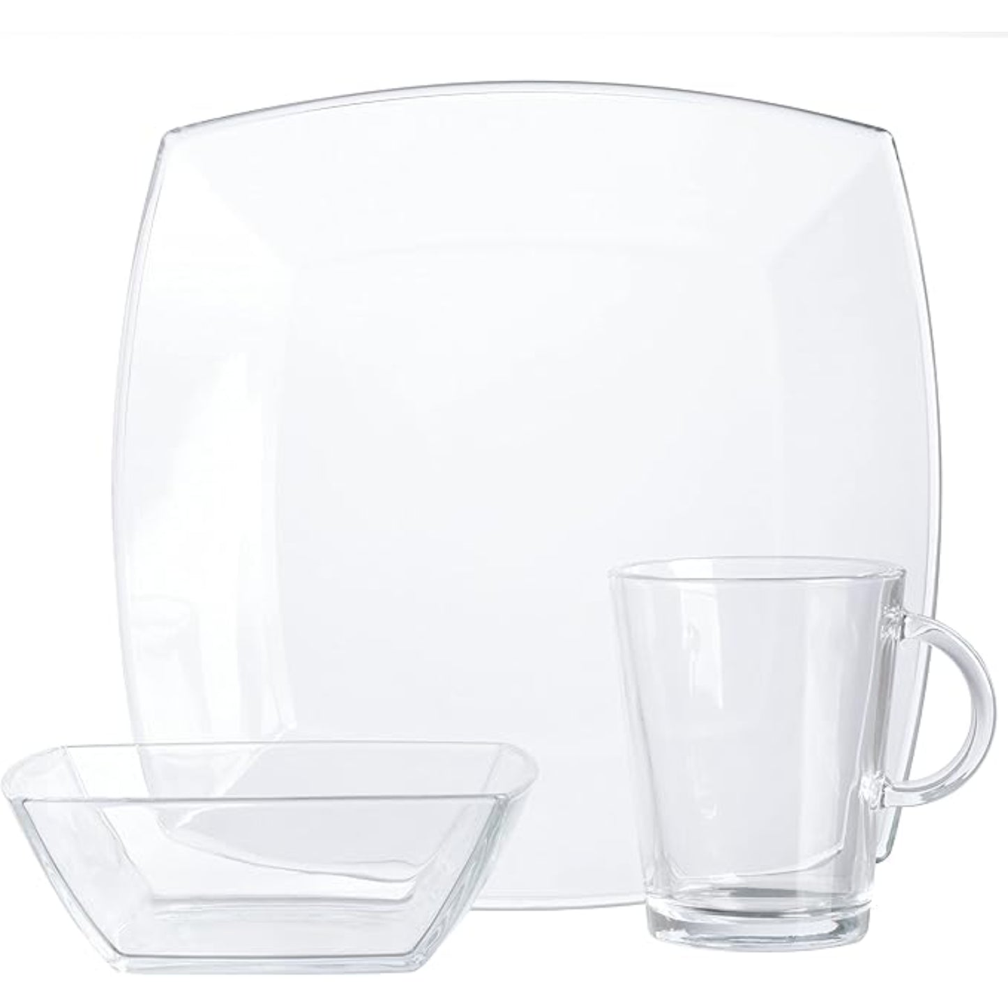 conjunto de vidrio transparente, plato cuadrado, tazón y taza