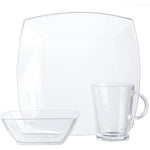 conjunto de vidrio transparente, plato cuadrado, tazón y taza