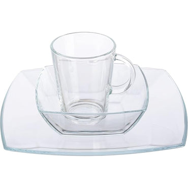 taza de vidrio transparente con plato cuadrado, presentación elegante y moderna