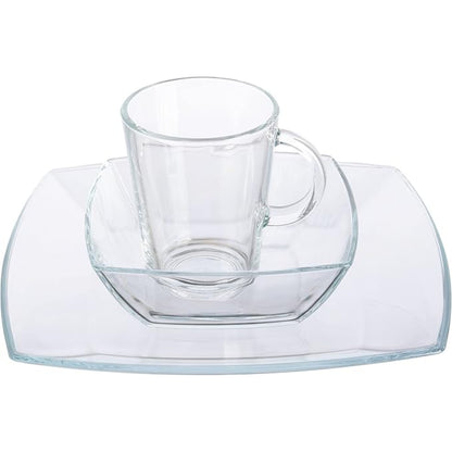 taza de vidrio transparente con plato cuadrado, presentación elegante y moderna