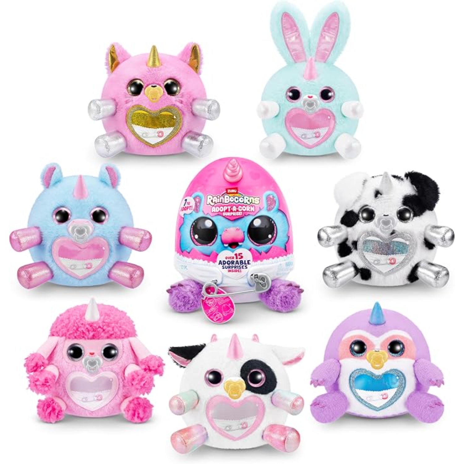Peluches variados en colores pastel, vista frontal, juguetes adorables y collectables