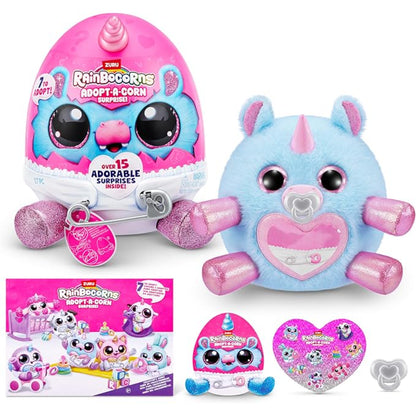 Peluche de unicornio azul y rosa con sorpresa, vista frontal y colorido diseño