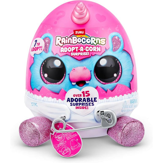 Peluche colorido de unicornio rosa, vista frontal con sorpresas dentro