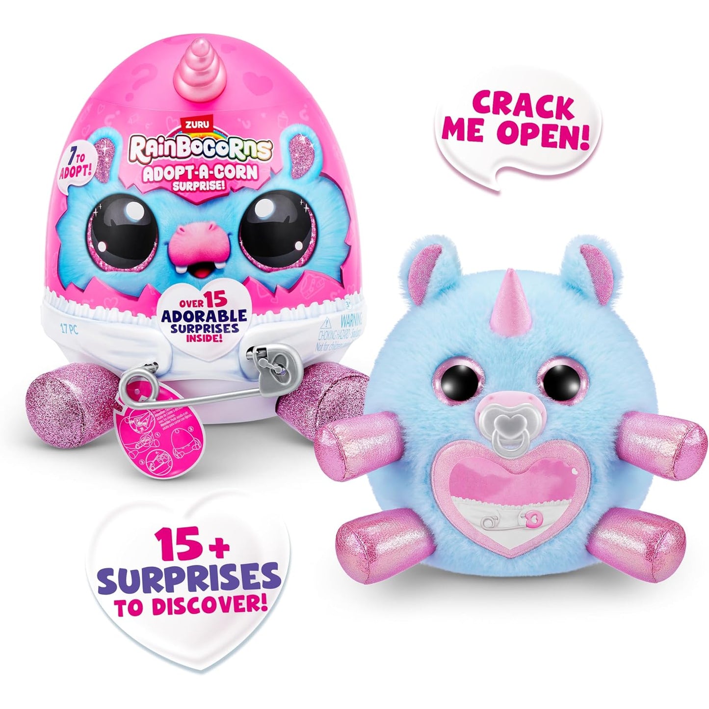 Peluche colorido en forma de unicornio con sorpresas, vista frontal del empaque