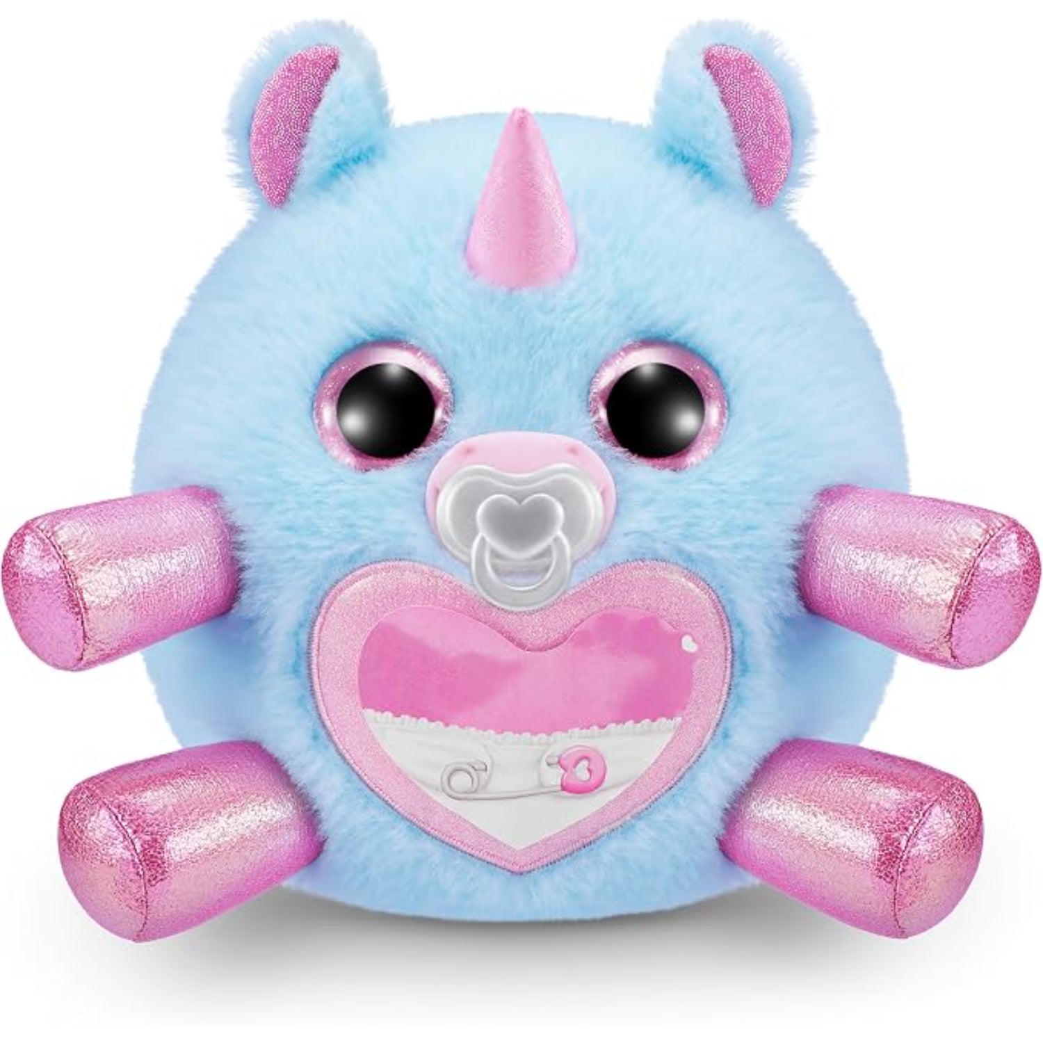 Peluche azul en forma de unicornio con detalles rosas, vista frontal