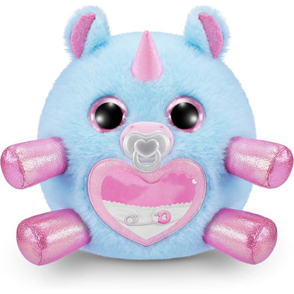 Peluche azul en forma de unicornio con detalles rosas, vista frontal